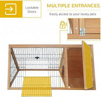Outdoor rabbit hutch dual access doors open
