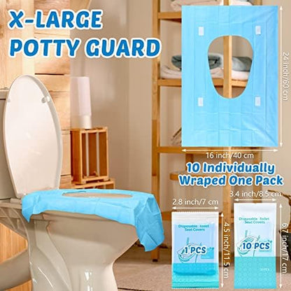 Yahenda extra large waterproof travel potty mats unfolded on a public restroom seat.