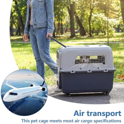 Generic airline approved dog carrier with removable wheels attached to the base.