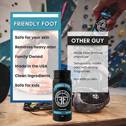 Friendly Foot odor eliminator powder packaging highlighting the all-natural and vegan formula.