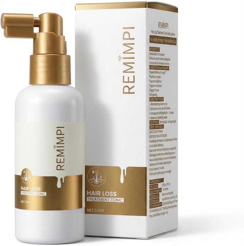 Remimpi hair growth support tonic front view showing 50ml bottle and box