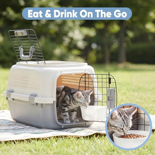 DUMOS 23" Hard-Sided Pet Carrier for Small Dogs & Cats, Airline Approved Travel Crate with Enhanced Security Latches, Front & Top Load Wire Door, Food Bowl for Traveling, Hiking, Camping - Beige&Grey - Image 5