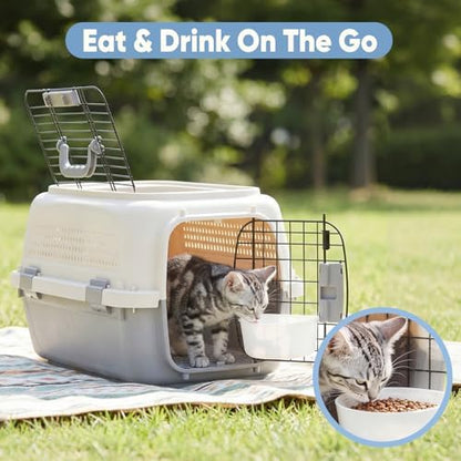 DUMOS 23" Hard-Sided Pet Carrier for Small Dogs & Cats, Airline Approved Travel Crate with Enhanced Security Latches, Front & Top Load Wire Door, Food Bowl for Traveling, Hiking, Camping, Beige&Grey - Image 5