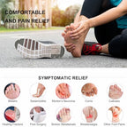 Adhesive forefoot cushion pads applied to a shoe insole for metatarsalgia support.