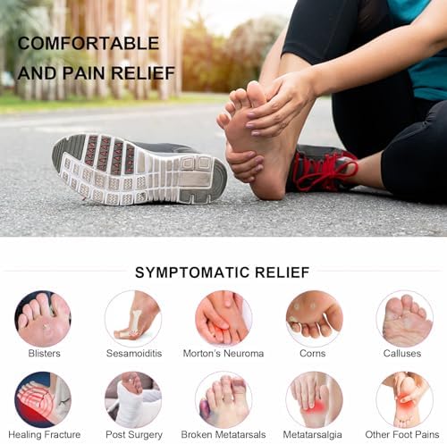 Adhesive forefoot cushion pads applied to a shoe insole for metatarsalgia support.