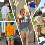 Ten pack of washable and reusable baby potty training trousers laid out flat.