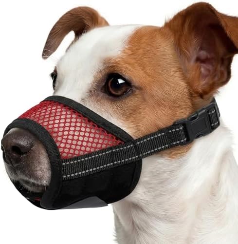 Red adjustable pet mouth guard with hook and loop straps