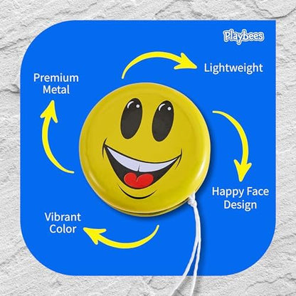 Kids playing with Playbees metal smiley face yo-yos
