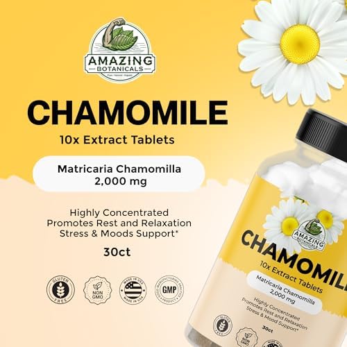 Amazing Botanicals Chamomile Extract supplement packaging illustrating the non GMO and gluten free product certifications.