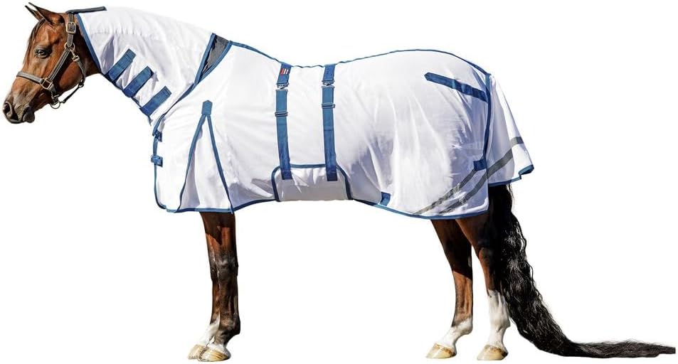 Schneiders Soft Interlock Mesh II Horse Fly Sheet front view on a white horse demonstrating full coverage