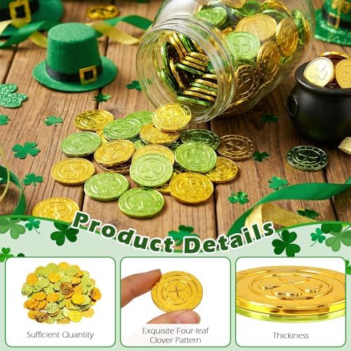 Vicroic Irish themed shamrock coins close up view highlighting the detailed embossed lettering and metallic sheen