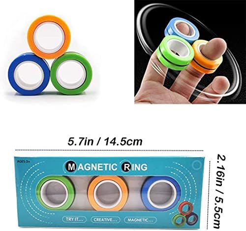 Three metallic magnetic rings spinning on fingers for tactile sensory stimulation.