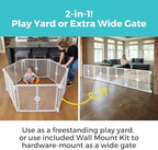 Six panel plastic baby playpen set up as a freestanding hexagon on living room carpet
