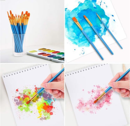 Ten piece sky blue watercolor and oil painting brush collection arranged by size.