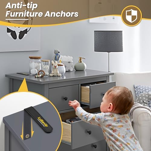 Included mounting hardware components showcasing expansion nail plugs and steel screws for childproofing.