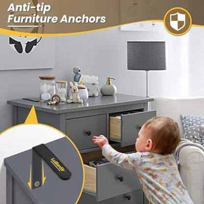 Included mounting hardware components showcasing expansion nail plugs and steel screws for childproofing.