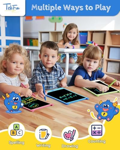 Two kids using Tekfun LCD drawing boards in a car