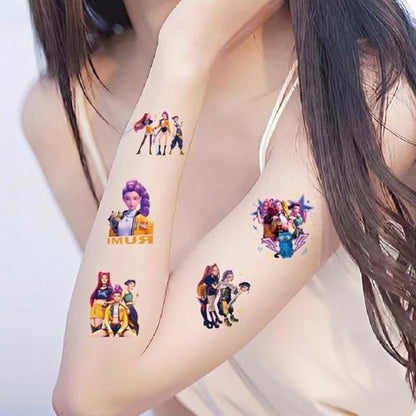 Kids enjoying Kpop demon hunter temporary tattoos at a party