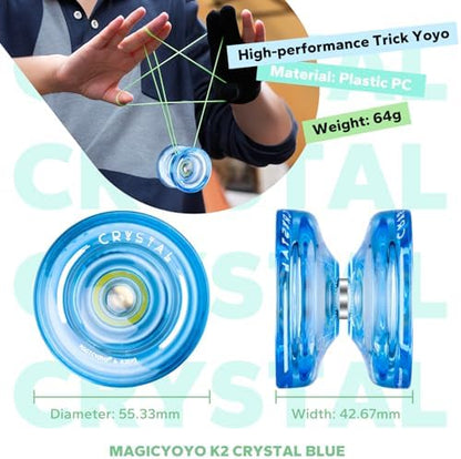 MAGICYOYO K2 Crystal Plastic Yoyo for Kids 8-12 & Beginners, Durable PC Responsive Yoyo Professional with Finger Spin Hub for DNA yo-yo Tricks, Includes 12 Yo yo Strings, Glove & Bag (Crystal Blue) - Image 6