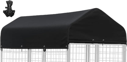 STAYDEN outdoor dog kennel cover front view protecting a large pet cage from rain.