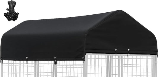 STAYDEN outdoor dog kennel cover front view protecting a large pet cage from rain.