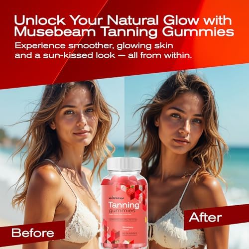 MuseBeam sunless self tan chews side view listing key ingredients like beta carotene.