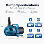 TONGCHANT 1600 GPH fountain pump showing the dual nozzle adapters and protective mesh cover.