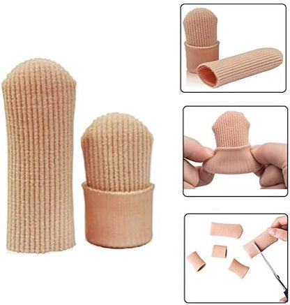 Adjustable and cuttable gel finger caps for protecting injured fingertips.