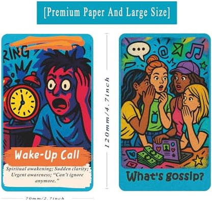 Sishui Bagua Tea Oracle Cards close up of pop art comic style relationship cards.
