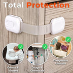 Goodv baby proofing drawer latches installed on a white kitchen cupboard door.