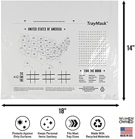 TrayMask protective travel sheets showing printed games and United States map for kids entertainment.