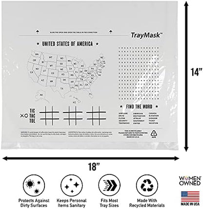 TrayMask protective travel sheets showing printed games and United States map for kids entertainment.