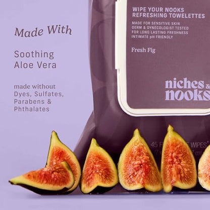 Close up of the Niches & Nooks logo and Fresh Fig branding on the authentic USA imported packaging