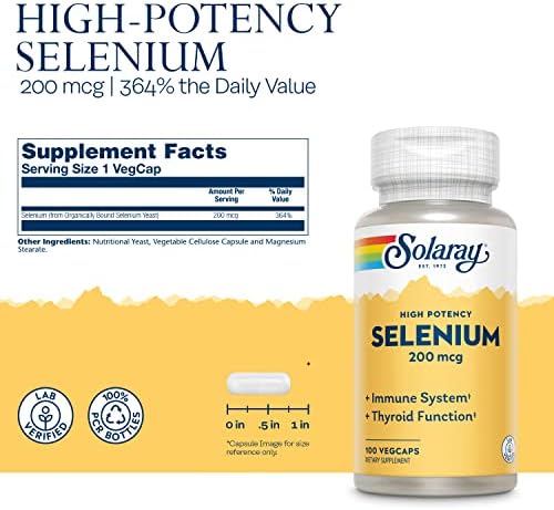 Side angle view of Solaray yeast free selenium capsules packaging highlighting the 100 vegetarian capsules count.