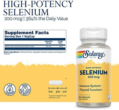 Side angle view of Solaray yeast free selenium capsules packaging highlighting the 100 vegetarian capsules count.