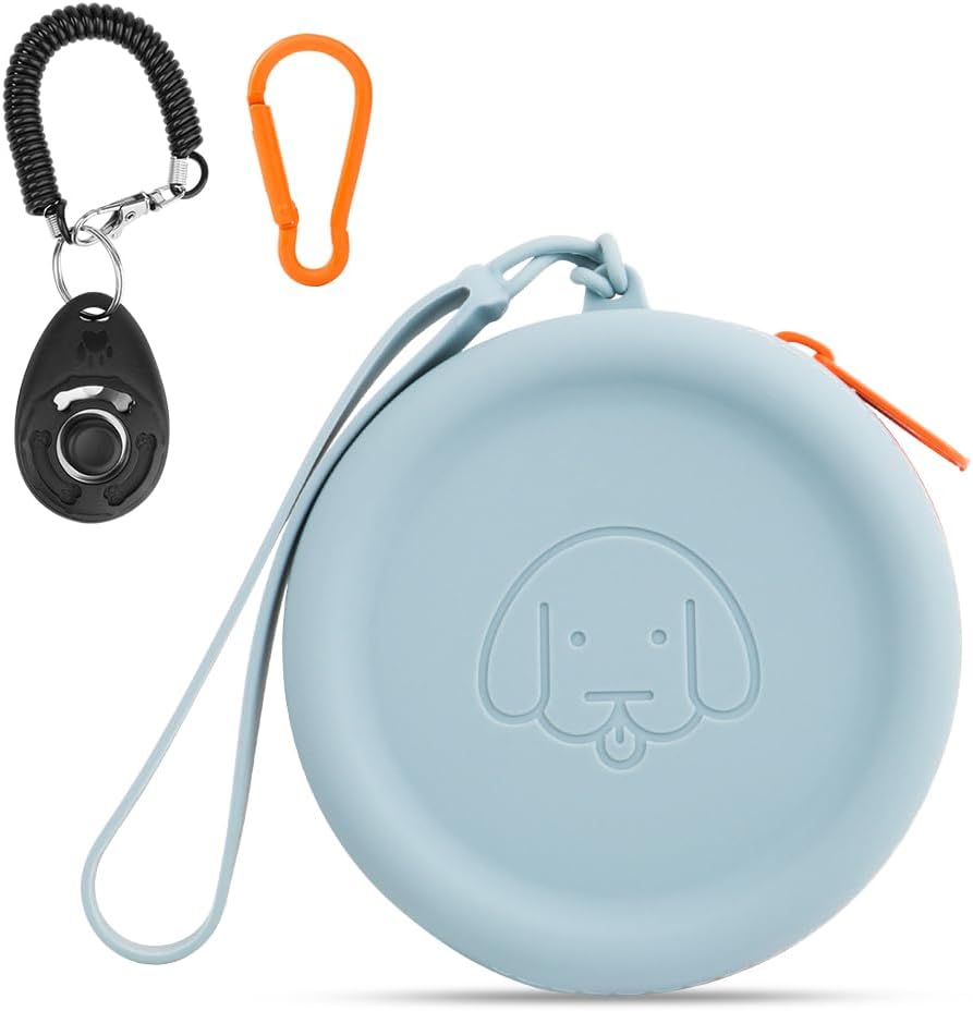WALLFID silicone dog treat pouch sky blue front view showing embossed dog face