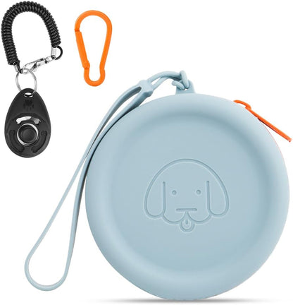 WALLFID silicone dog treat pouch sky blue front view showing embossed dog face