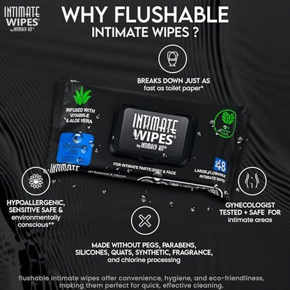 pH balanced intimate cleansing wipes for sensitive skin in black packaging