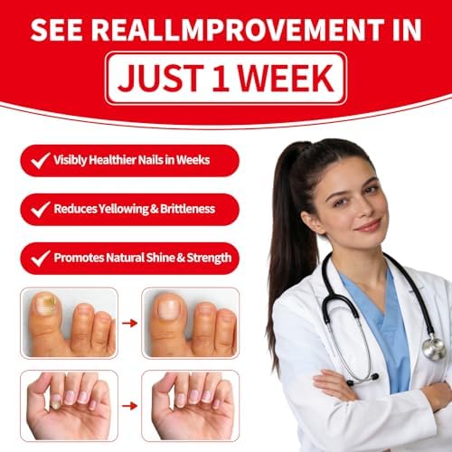 Side-by-side comparison of yellowed nails versus healthy clear nail growth after treatment.