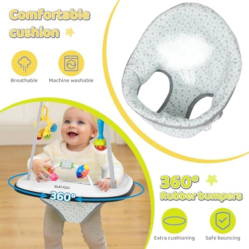 Baby using Slevoo door jumper in a home setting