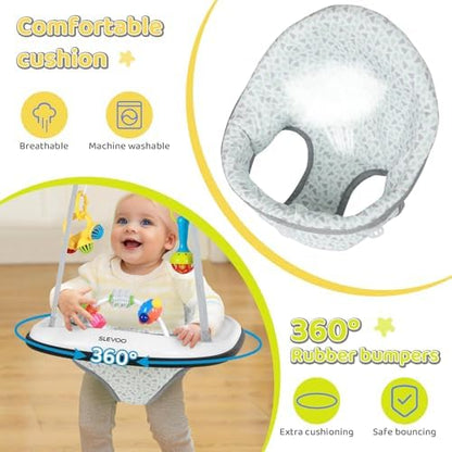 Baby using Slevoo door jumper in a home setting