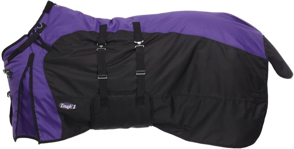 Tough1 1200D Turnout Blanket front view showing secure chest buckle closures on purple fabric.