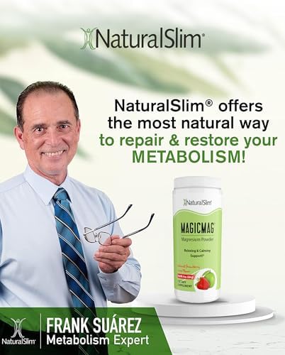 NaturalSlim MagicMag imported dietary supplement bottle alongside a glass of water