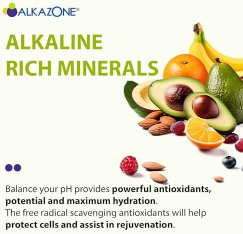 Close up view of Alkazone liquid supplement bottle detailing antioxidant and pH level benefits.