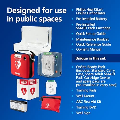 HeartStart OnSite AED in standard carry case with emergency kit.