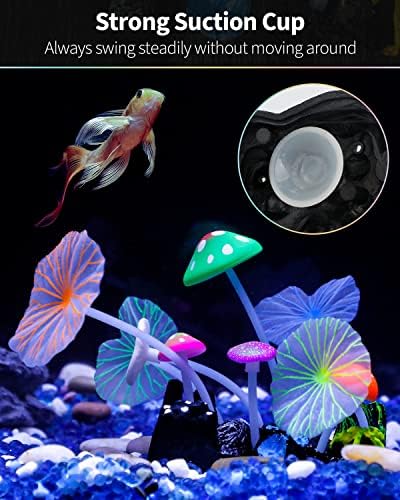 Vibrant glowing underwater landscape featuring the Uniclife imitation mushroom coral plant with live fish