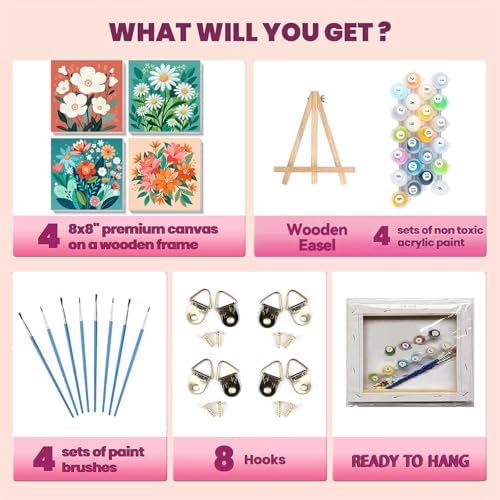 A child happily painting the easy flower DIY kit using the included reusable wooden display stand.