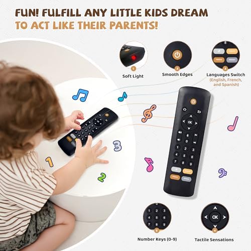 Flamdyno realistic play remote showing flashing lights and multilingual buttons