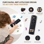 Flamdyno realistic play remote showing flashing lights and multilingual buttons