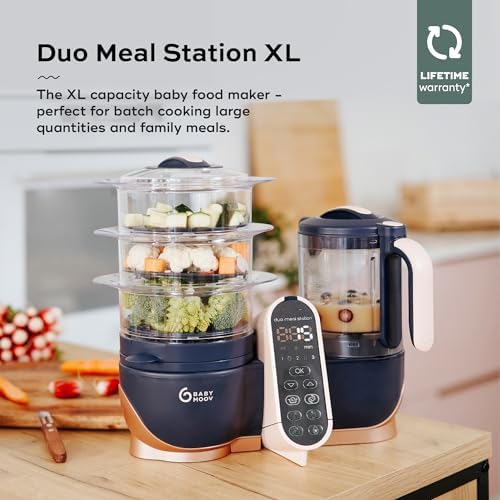 Babymoov Nutribaby food processor showing simultaneous steaming and blending